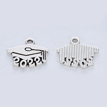 Tibetan Style Alloy Pendants, Graduation Trencher Cap with Number 2022, Cadmium Free & Lead Free, Antique Silver, 14x17.5x1.5mm, Hole: 1.8mm