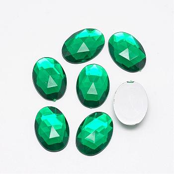 Acrylic Rhinestone Flat Back Cabochons, Faceted, Bottom Silver Plated, Oval, Dark Green, 18x13x4.5mm