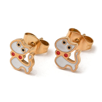 Ion Plating(IP) 304 Stainless Steel Stud Earrings with Red Enamel, Cat Shape, Real 18K Gold Plated, 7.5x6mm