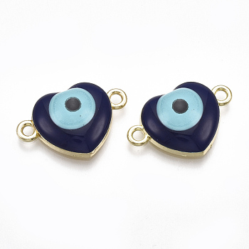 Alloy Links connectors, with Enamel, Heart with Evil Eye, Light Gold, Midnight Blue, 13.5x20.5x4.5mm, Hole: 1.8mm