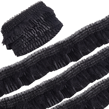 10Yards Satin Elastic Pleated Lace Trim, for Sewing and Bridal Wedding Decoration, Black, 3 inch(75mm)