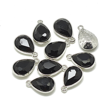 Alloy Glass Pendants, Faceted, teardrop, Platinum, Black, 19x12x6mm, Hole: 1.5mm
