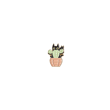 Alloy Brooches, Cartoon Cat & Cactus Planter Enamel Pins for Women, Light Green, 21.1x30mm