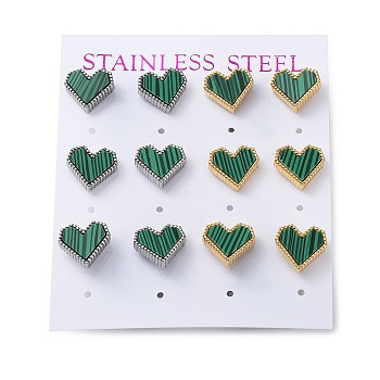 6 Pair 2 Color Synthetic Malachite Heart Stud Earrings, 304 Stainless Steel Earrings, Golden & Stainless Steel Color, 10x11mm, 3 Pair/color