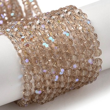 Electroplate Transparent Glass Beads Strands, Faceted, Round, Rainbow Plated, Tan, 4mm, Hole: 0.7mm, about 87~93pcs/strand, 32~33cm