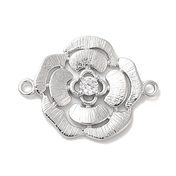 Brass Pave Glass Connector Charms, Flower Links, Real Platinum Plated, Clear, 17x22.5x3mm, Hole: 1.4mm