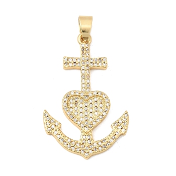 Brass Micro Pave Clear Cubic Zirconia Pendants, Long-Lasting Plated, Rack Plating, Lead Free & Cadmium Free, Anchor with Heart Charms, Real 18K Gold Plated, 36.5x23.5x3mm, Hole: 6x4mm