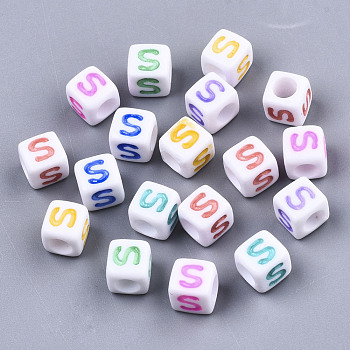 Opaque White Acrylic Beads, with Enamel, Horizontal Hole, Cube with Mixed Color Letter, Letter.S, 6x6x6mm, Hole: 3mm, about 2900pcs/500g