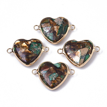 Assembled Bronzite & Imperial Jasper Links connectors, with Golden Plated Brass Loops, Heart, Golden, Teal, 21x29x7~8mm, Hole: 2.5mm