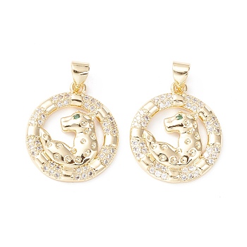 Brass Micro Pave Clear Cubic Zirconia Pendants, Long-Lasting Plated, Cadmium Free & Lead Free, Flat Round with Leopard, Real 18K Gold Plated, 25x18x3mm, Hole: 4x3mm