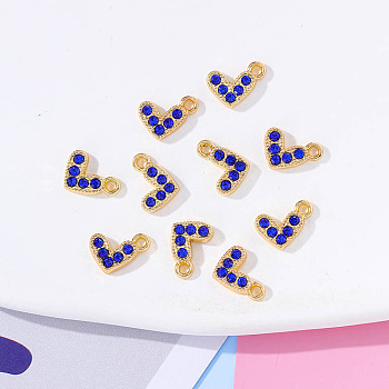 Alloy Pendants, with Rhinestone, Heart Charm, Golden, Sapphire, 7x10x2mm, Hole: 1.5mm