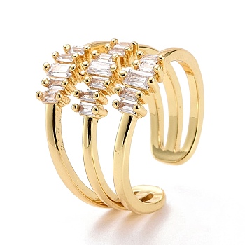 Three Line Cubic Zirconia Cuff Ring, Real 18K Gold Plated Brass Hollow Wide Open Ring for Women, Lead Free & Cadmium Free, Clear, US Size 7 3/4(17.9mm)