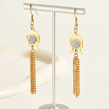 Geometric Hollow Rhinestone Earrings, Stainless Steel Chain Tassel Earrings, Real 18K Gold Plated, 85x15mm