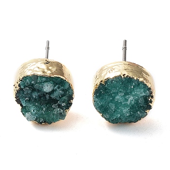 Natural Druzy Agate Stud Earrings, with Golden Plated Brass Findings, Flat Round, Turquoise, 7~8x5~8mm, Pin: 0.8mm