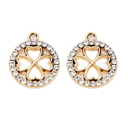 UV Plating Alloy Rhinestone Pendants, Flat Round & Clover Charms, Light Gold, 20.5x18x2.5mm, Hole: 2mm(ALRI-N058-01KCG)