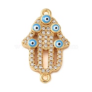 Brass Micro Pave Cleear Cubic Zirconia Evil Eye Hamsa Hand Connector Charms, with Enamel, Religion Links, Cadmium Free & Lead Free, Long-Lasting Plated, Rack Plating, Real 18K Gold Plated, 24x14.5x4mm, Hole: 1.2mm(KK-C086-15B-G)