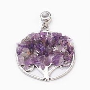 Natural Amethyst European Dangle Charms, Large Hole Pendants, with Antique Silver Plated Alloy Findings, Flat Round with Tree, 54.5mm, Hole: 4.5~5mm, Pendant: about 42.5~43x38.5~39.5x5~6mm(PALLOY-JF00353-01)