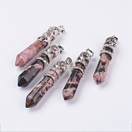 Natural Rhodonite Big Pointed Pendants, with Alloy Findings, Faceted, Bullet, Platinum, 59~63x11~12mm, Hole: 4x7mm(G-G738-A-18)