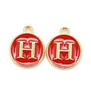 Golden Plated Alloy Enamel Charms, Cadmium Free & Lead Free, Enamelled Sequins, Flat Round, Red, Letter.H, 14x12x2mm, Hole: 1.5mm(ENAM-S118-03H)
