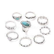 Synthetic Turquoise Finger Rings Set, Gothic Alloy Jewelry for Women, Dark Turquoise, Inner Diameter: 16~18mm, 1Pc/style, 9Pcs/set(AJEW-PW0005-01A)