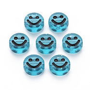 Transparent Acrylic Beads, with Glitter Powder, Flat Round with Black Enamel Smile Face, Steel Blue, 10x5mm, Hole: 2mm, about 1450pcs/500g(MACR-N008-55-A01)