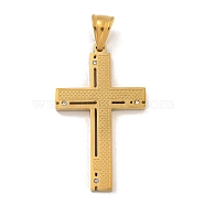 Ion Plating(IP) 304 Stainless Steel Pendants, with Crystal Rhinestones, Cross Charm, Golden, 42x25x3mm, Hole: 7.5x4.5mm(STAS-D110-21G)