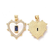 Brass Micro Pave Cubic Zirconia Pendants, with Shell, Heart Charms, Marine Blue, 23x21x4mm, Hole: 3.5x4.5mm(ZIRC-F134-22G-01)