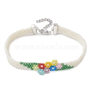 Flower Glass Seed Beads Beaded Bracelets, with 304 Stainless Steel Ends Chains and Lobster Claw Clasps, Colorful, 7-7/8 inch(19.9cm)(BJEW-JB10706)