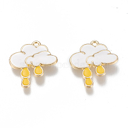 Alloy Enamel Pendants, Cadmium Free & Lead Free, Cloud with Raining, Golden, White, 24x20.5x3mm, Hole: 1.6mm(X-ENAM-M043-02G-02-RS)