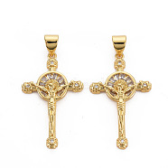 Brass Micro Pave Cubic Zirconia Pendants, Nickel Free, Cross with Jesus, Real 16K Gold Plated, 29x17.5x3.5mm, Hole: 3x5mm(KK-Q252-088-NF)