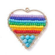 Dyed Natural Magnesite & Glass Seed Beaded Pendants, Heart Charm, Colorful, 33x30.5x3.5mm, Hole: 1.8mm(PALLOY-MZ00195)