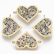 Brass Micro Pave Cubic ZirconiaLinks connectors, Heart, Colorful, Golden, 15x21.5x1.5mm, Hole: 1.2mm(ZIRC-T012-88G)