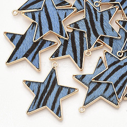 Eco-Friendly Cowhide Leather  Pendants, with Golden Plated Alloy Cabochon Settings, Star with Zebra-stripe Pattern Pattern, Deep Sky Blue, 36.5x35x2~3mm, Hole: 1.8mm(X-FIND-N049-02E)