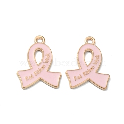 Light Gold Tone Zinc Alloy Enamel Pendants, October Breast Cancer Pink Awareness Ribbon with Word Red Ribbon Week, Pink, 21x16x1.5mm, Hole: 1.5mm(ENAM-WH0061-11B)