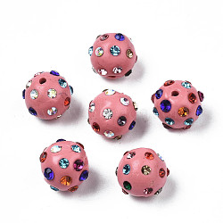 Polymer Clay Rhinestone Beads, Pave Disco Ball Beads, Round, Hot Pink, PP15(2.1~2.2mm), 9~10.5x9mm, Hole: 1.2mm(RB-T017-31B-A)