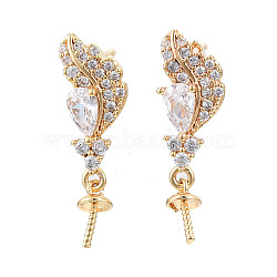 Feather Shape Brass Micro Pave Clear Cubic Zirconia Earring Findings, for Half Drilled Beads, Nickel Free, Real 18K Gold Plated, 21x6mm, Pin: 0.7mm, Pin: 0.7mm(for half drilled beads)(KK-S356-435A-NF)