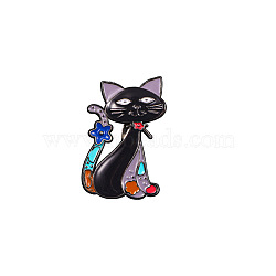 Cat with Flower Badges, Alloy Enamel Pins, Cute Cartoon Brooch, Black, 28x18mm(PW-WG49995-03)