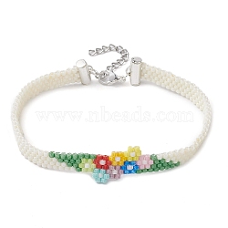 Flower Glass Seed Beads Beaded Bracelets, with 304 Stainless Steel Ends Chains and Lobster Claw Clasps, Colorful, 7-7/8 inch(19.9cm)(BJEW-JB10706)