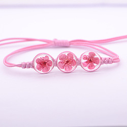 Transparent Glass Dried Flower Flat Round Beads Braided Bead Bracelets, Waxed Cord Braided Bracelets for Women, Hot Pink, 5.91~11.81 inch(15~30cm)(FS-WG4C602-04)