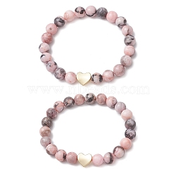 2Pcs Natural Pink Zebra Jasper Beaded Stretch Bracelets, Golden Alloy Heart Charm Bracelets for Friends, Inner Diameter: 2-1/4 inch(5.65cm), 2pcs/set(BJEW-JB11192)