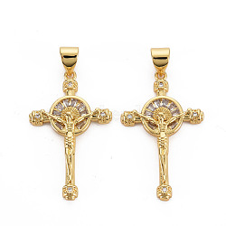 Brass Micro Pave Cubic Zirconia Pendants, Nickel Free, Cross with Jesus, Real 16K Gold Plated, 29x17.5x3.5mm, Hole: 3x5mm(KK-Q252-088-NF)