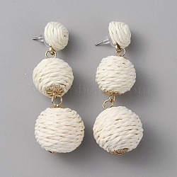 Raffia Grass Round Ball Dangle Stud Earrings, Alloy Jewelry for Women, Floral White, 66mm, Pin: 0.7mm(EJEW-WH0009-73B)