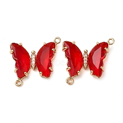 Brass Pave Faceted Glass Connector Charms, Golden Tone Butterfly Links, FireBrick, 20x22x5mm, Hole: 1.2mm(FIND-Z020-04M)
