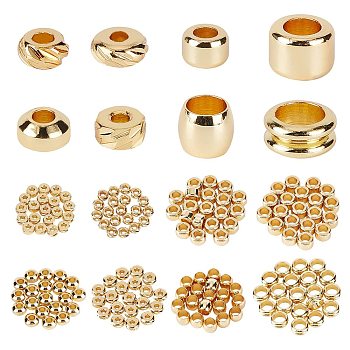 PandaHall Elite 160Pcs 8 Style Brass Spacer Beads, Long-Lasting Plated, Textured, Mixed Shape, Golden, 2.8~7x1.5~5mm, Hole: 1.2~4mm, 20Pcs/style