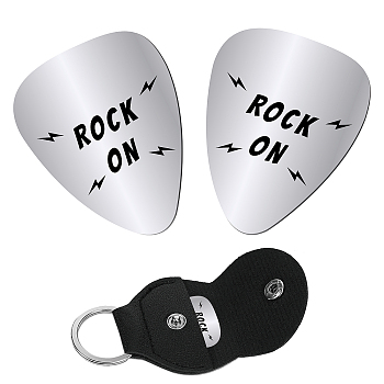 CREATCABIN 2Pcs 201 Stainless Steel Guitar Picks, Plectrum Guitar Accessories, with 1Pc PU Leather Guitar Clip, for Musical Instrument Accessories, Lightning Pattern, 115x47x1.3mm