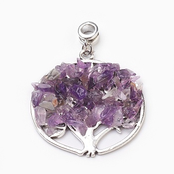 Natural Amethyst European Dangle Charms, Large Hole Pendants, with Antique Silver Plated Alloy Findings, Flat Round with Tree, 54.5mm, Hole: 4.5~5mm, Pendant: about 42.5~43x38.5~39.5x5~6mm