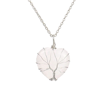 Natural Quartz Crystal Heart Pendant Necklaces, Platinum Copper Wire Wrap Necklace, 20.47 inch(52cm)