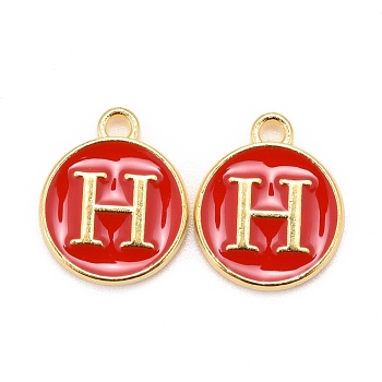 Golden Plated Alloy Enamel Charms, Cadmium Free & Lead Free, Enamelled Sequins, Flat Round, Red, Letter.H, 14x12x2mm, Hole: 1.5mm