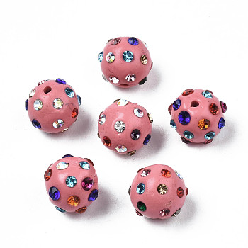 Polymer Clay Rhinestone Beads, Pave Disco Ball Beads, Round, Hot Pink, PP15(2.1~2.2mm), 9~10.5x9mm, Hole: 1.2mm