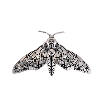 Moon Phase Moth Alloy Brooch Pin, Tibetan Style Insect Alloy Badge for Backpack Clothes, Antique Silver, 47x83.5mm